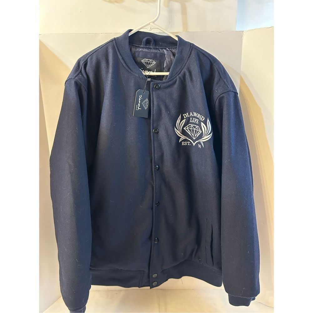 Diamond Supply Company Bombers Jacket xxl Navy‎ new Faux Wool rn#137665
